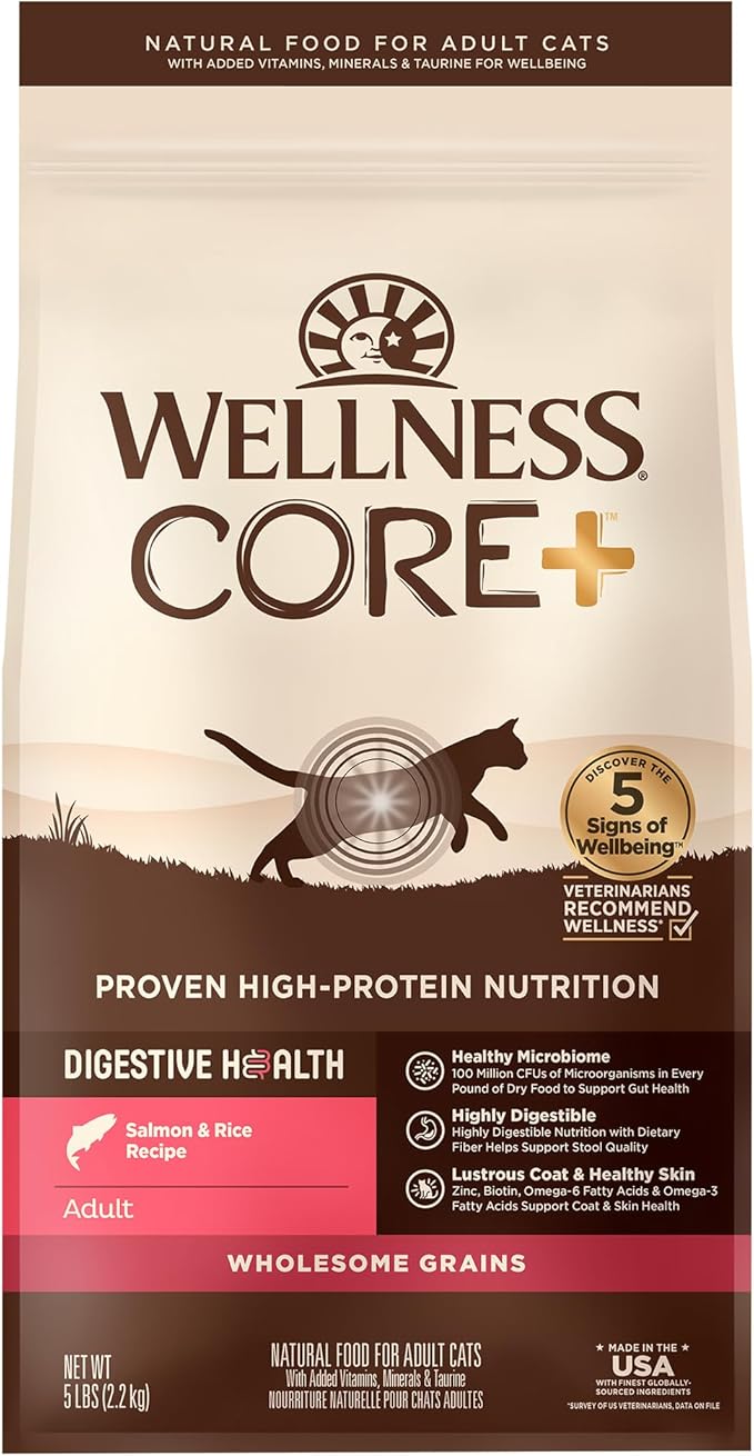 Wellness CORE+ Digestive Health Adult Dry Cat Food, Natural, Wholesome Grains Kibble, Salmon and Rice Recipe, 5 lb Bag