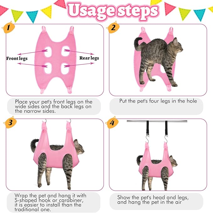 Ferraycle 14 in 1 Pet Grooming Hammock for Dogs Cats, Dog Grooming Sling, Cat Nail Trimming Kit, Restraint Bag with Clipper File for Nail Trimming Ear Cleaning Bathing Small Pets(Pink)