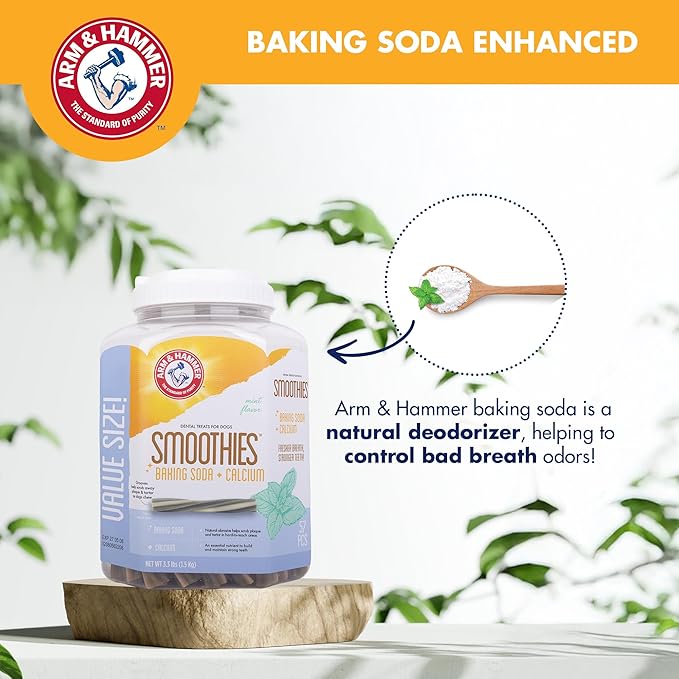 Arm & Hammer Smoothies Dental Chews for Dogs with Baking Soda & Calcium, Fight Bad Breath, Plaque & Tartar without Brushing, Mint Flavor, Medium Size, 57 Count, 3.3 lb Bucket