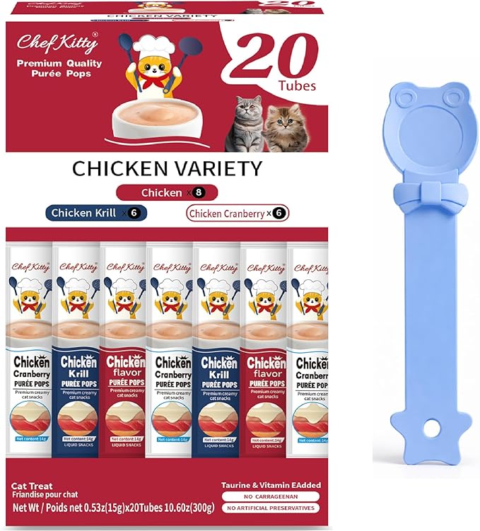 Purée Pops + Blue Feeding Spoon, Grain-Free, Lickable, Squeezable Creamy Cat Treat/Topper, 20 Tubes, Chicken Variety