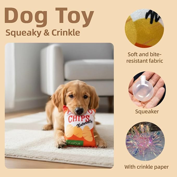 Dog Squeaky Toys, 5-Pack Chew Toys for Aggressive Chewers with Crinkle Sound, Mix of Stuffed & Stuffing-Free Plush for Boredom Relief for Puppies, Small and Medium Dogs