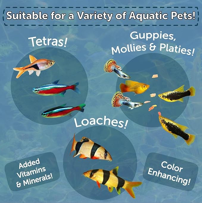 Community & Tropical Fish Flakes, for Angel Fish, Guppies, Live Bearers, Loaches, Gouramis, Catfish, Cichlids, 12-Type Pellet Mix & 4-Type Wafer Mix Included...1.30oz Canister