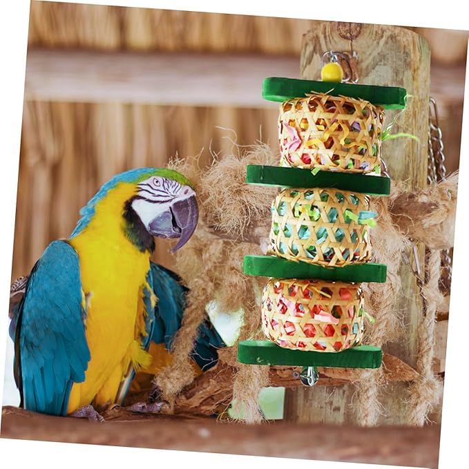 Parrot Chewing and Hanging Bell for Bird Cages, Woven Rattan and Wood Shredding Plaything, Safe Bite Accessory for Pet Parrots in Cage