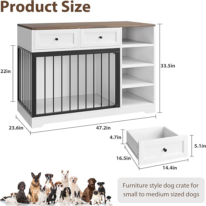 GarveeHome Dog Crate Furniture 47", Large Dog Crate TV Stand with 2 Drawers and 4 Shelves, Wooden Dog Kennel Indoor, Decorative Dog Cage with Storage for Large Dogs, White