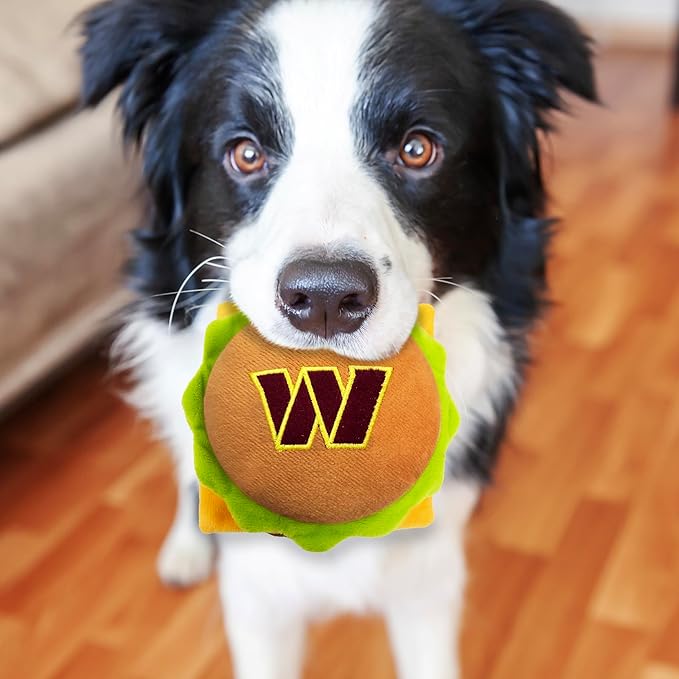 Pets First NFL Washington Commanders Cheese Burger Plush Dog Squeak Toy - Cutest Stadium HAMBERGER Snack Plush Toy for Dogs & Cats with Inner Squeaker & Beautiful Football Team Name/Logo (WAC-3353)