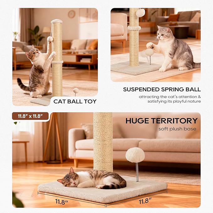 FDW 22 Inch Cat Scratching Post, Natural Sisal Cat Pole with Hanging Ball for Kittens & Small Indoor Cats, Sturdy Base, Beige
