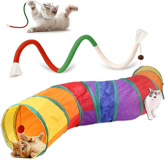 Collapsible Durable Rainbow Cat S-Tunnel & Chew Rope Set, Interactive Indoor Kitten Toy for Active Play