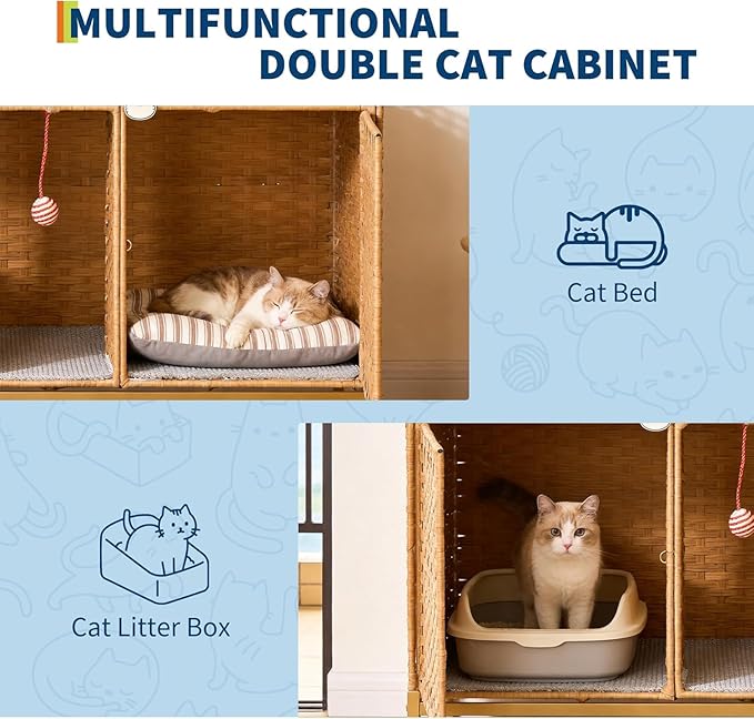 GarveeLife Cat Litter Box Enclosure Furniture, Handwoven Rattan Cat House, Hidden Cat Washroom Furniture with Door/Mat, Large Space Cat House with s-Shaped Hooks, Living Room, Bedroom