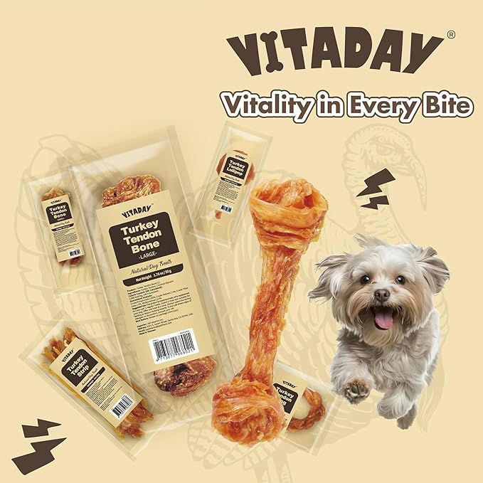 VITADAY Turkey Tendons for Dogs, All Natural, Healthy Dog Treats, Long Lasting, Hypoallergenic Dog Chews, Rawhide Free, USA-Sourced, for Large Dogs, Bone (L), 1 Count