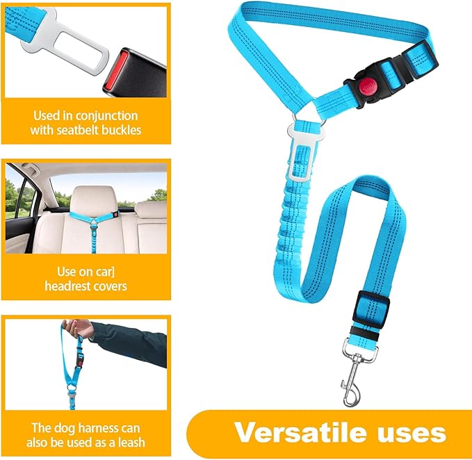 2-Pack Dog Car Seat Belt, 3-in-1 Headrest-Mounted Dog Seatbelt for Car, Adjustable Nylon Pet Safety Leash with Elastic Buffer & Reflective Stitching, Durable Car Harness for Dogs Fits Most Vehicles