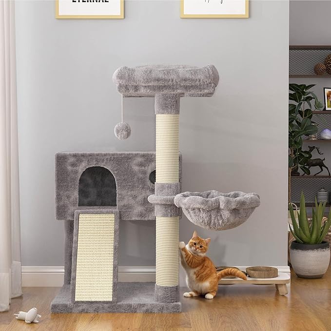 SHA CERLIN Cat Tree 36 Inches Cat Tower with Hammock, Sisal Scratching Post for Indoor Kittens, Small Room, Grey