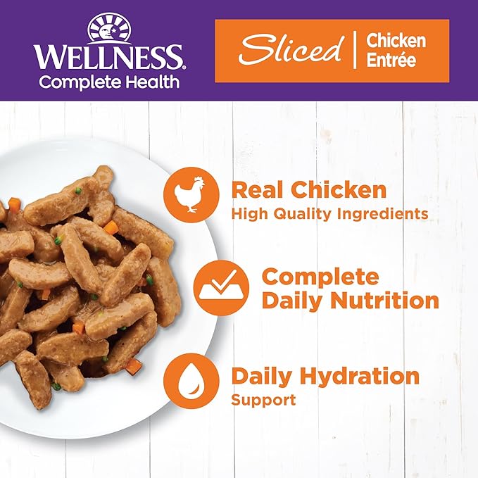Wellness Complete Health Sliced Adult Canned Wet Cat Food, Natural, Protein Rich, Grain Free, Chicken Entrée Recipe, 3 oz, Pack of 24 Cans