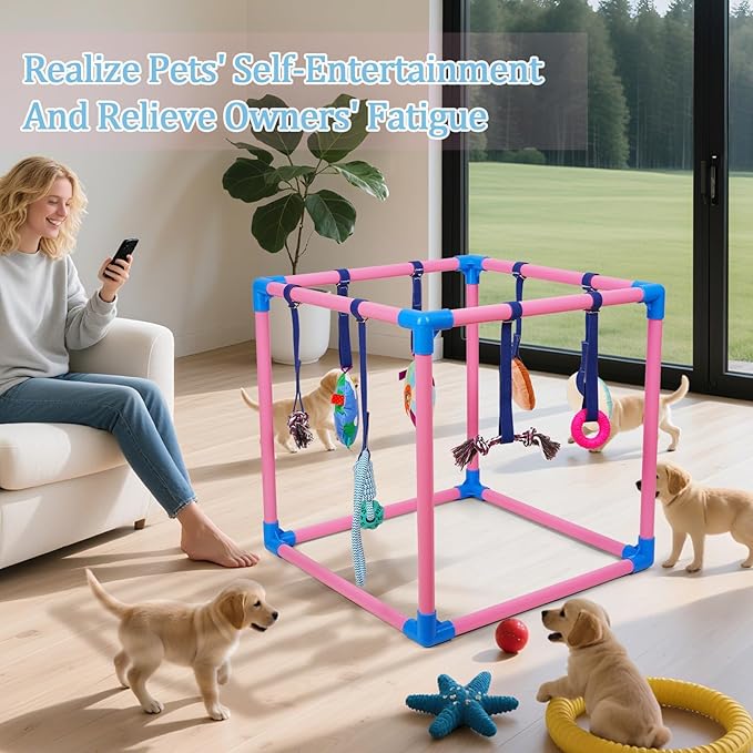 Liitrton Puppy Play Gym - Small Dogs Play Gym with 8 Hanging Toys, Indoor Puppy Jungle Gym with Interactive Dog Enrichment Toys, 19.5"x19.5"x19.5" PVC Frame (Pink)