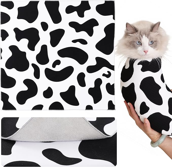 Purrfect Peace Cat Swaddle Wrap – Professional Calming Restraint Bag for Grooming, Nail Trimming & Medicine - Adjustable Cat Restraint for Grooming, Vet Visits (Cow Pattern, M)