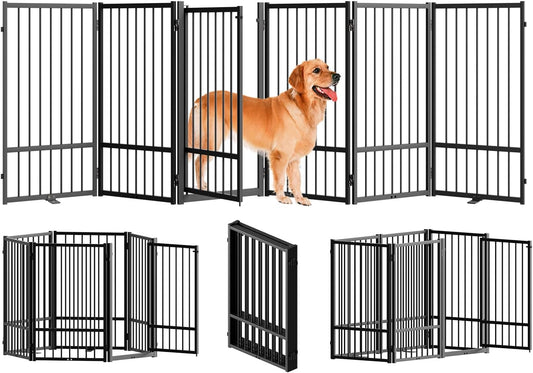 Full Metal Freestanding Dog Gate with Door, 32''Height Foldable Pet Dog Fence for Indoor & Outdoor, 6 Panels Extra Wide Free Standing TallDog Gates for Doorways,House,Stairs,Porch,Deck,Yard