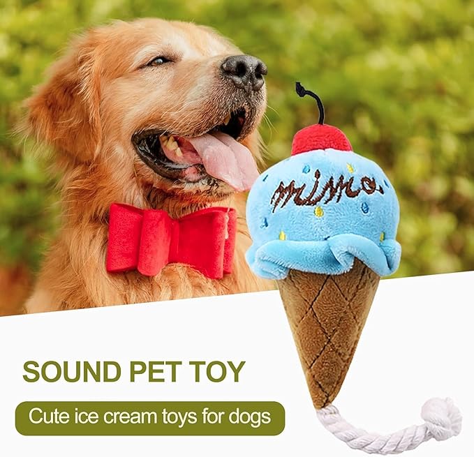 1pc Brown Blue Ice Cream Dog Squeaky Toys,Cute Puppy Chew Toys with Ropes,Add Interactive Dog Plush Toy for Small to Medium Dogs and Cats Pet Supplies,Toys
