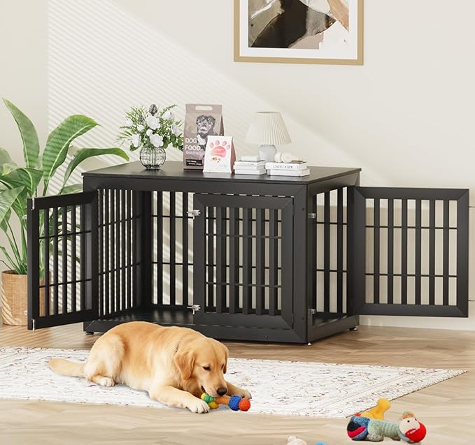 Snuowu 48" Heavy-Duty Dog Crate Furniture for Large Dogs, XXL Wooden Dog Cage Kennel Indoor Furniture, Decorative Pet House End Table, Black