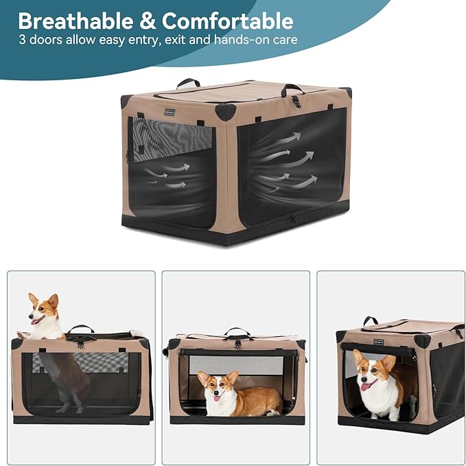 PETSFIT 30" Soft Portable Dog Crate – Patented Spiral Sturdy Frame, Collapsible Travel Kennel for Medium & Large Dogs, 3 Mesh Door, Lockable Zippers, Indoor & Car Use Khaki