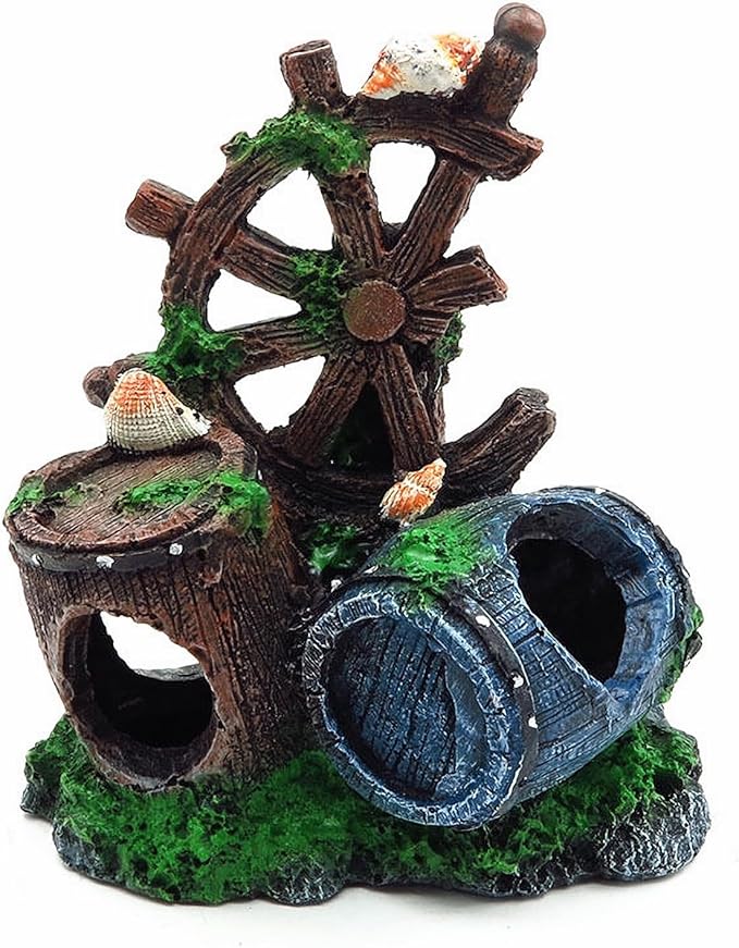 Mipukbay Fish Tank Decoration, Broken Ship Wheel & Cask Aquarium Decor Hiding Cave Ornament for Freshwater/Saltwater, Safe Landscaping Rock Resin Decoration for Betta Fish, Goldfish and Aquatic Pets