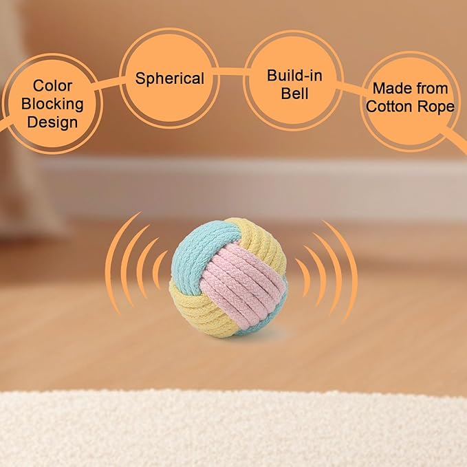 Cat Toys Balls with Bell Inside, 2-Inch Soft Interactive Chew Toys for Indoor Cats & Kittens, Colorful Rope Balls with Crinkle Sound for Chasing Play and Dental Health, 3 Pcs