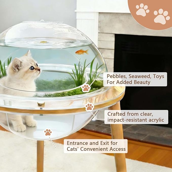 Cat Fish Tank, Interactive Orbit Fish Tank for Cats - 360° Immersive Cat Tv with Internal Tunnel, Heavy-Duty Plywood Base 4mm Thick Acrylic, Indoor Cat Enrichment Furniture