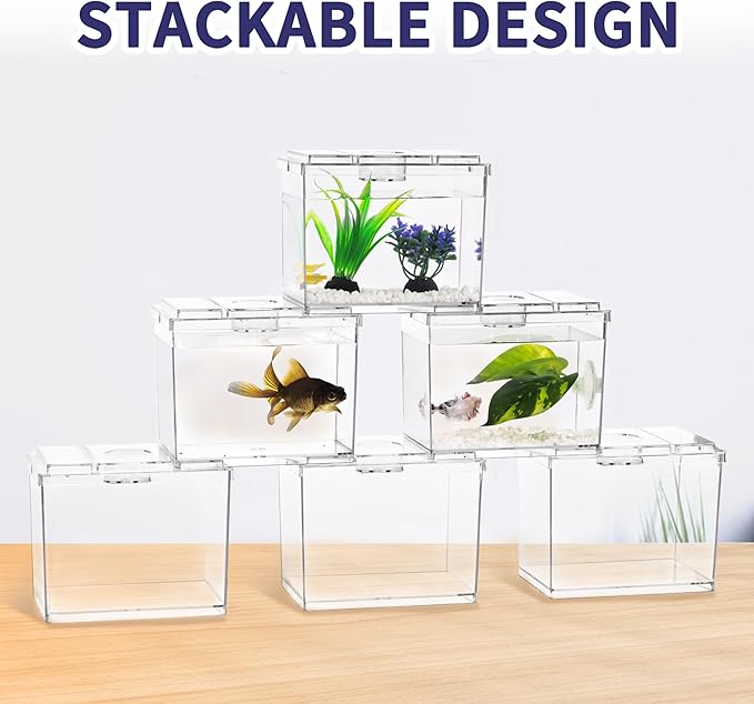 MoonOrange Mini Betta Fish Tank, Small Fish Bowl for Temporary Space, 0.2 Gallon Stackable Cube Tank with Artificial Plants and Gravels for Small Fish, Insect, Shrimp, Crab, Spider.(Pack-2)