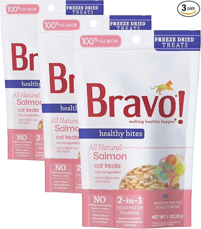 Bravo! Healthy Bites Single Ingredient Freeze Dried Raw Cat Treats, Salmon, 1 Ounce, High Protein, Grain Free, Gluten Free (Pack of 3)