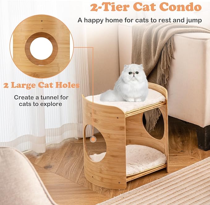 PETSITE 2-Tier Indoor Bamboo Cat Bed, Boho Cat Condo with Double Cat Beds, Removable & Washable Cushions, Minimalist Kitten Bed for Indoor Cats, 16 x 13 x 16 inch