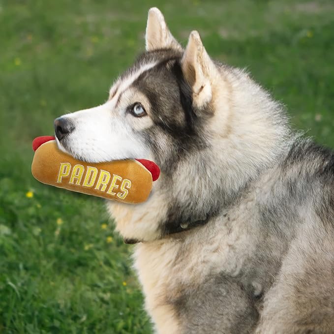 MLB San Diego Padres Plush Dog Toys - Stadium Theme Snacks - Cutest Plush HOT-Dog Toy for Dogs & Cats with Inner Squeaker & Premium Embroidery of Baseball Team Name/Logo