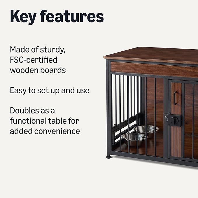 Amazon Basics Furniture Style Dog Crate, Sturdy Wooden Pet Kennel, End Table with Space for Pet, Two Bowls Included, 30" x 20.4" x 23.6", Walnut