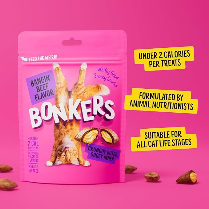 Bonkers Bites Bangin' Beef Flavor Crunchy & Soft Treats for Cats, 3oz Bag (Pack of 10)