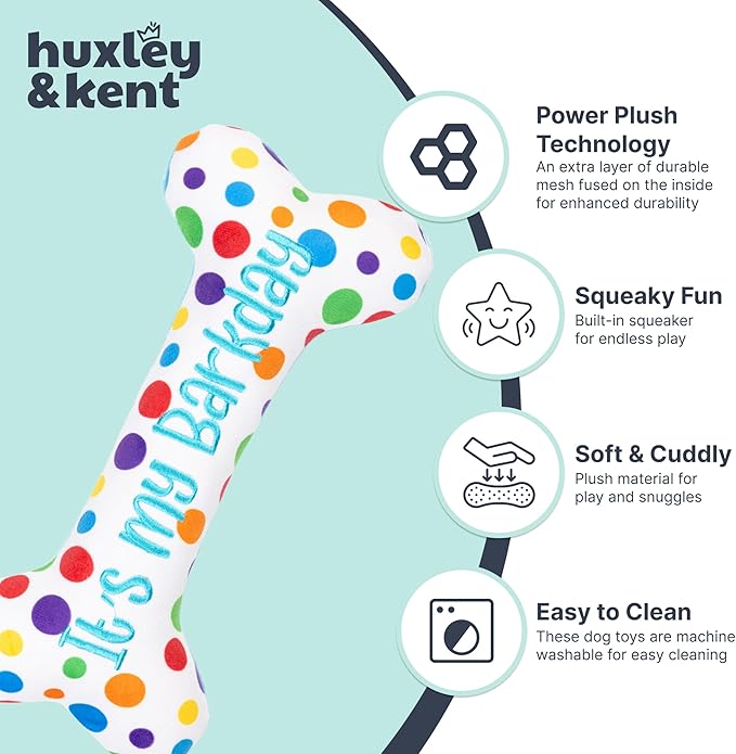 Huxley & Kent Funny Dog Toy w/Squeaker – Power Plush Squeaky Dog Toys for Small, Medium & Large Dogs – Soft Stuffed Animal for Indoor Play & Fetch - It's My Barkday Bone, Large