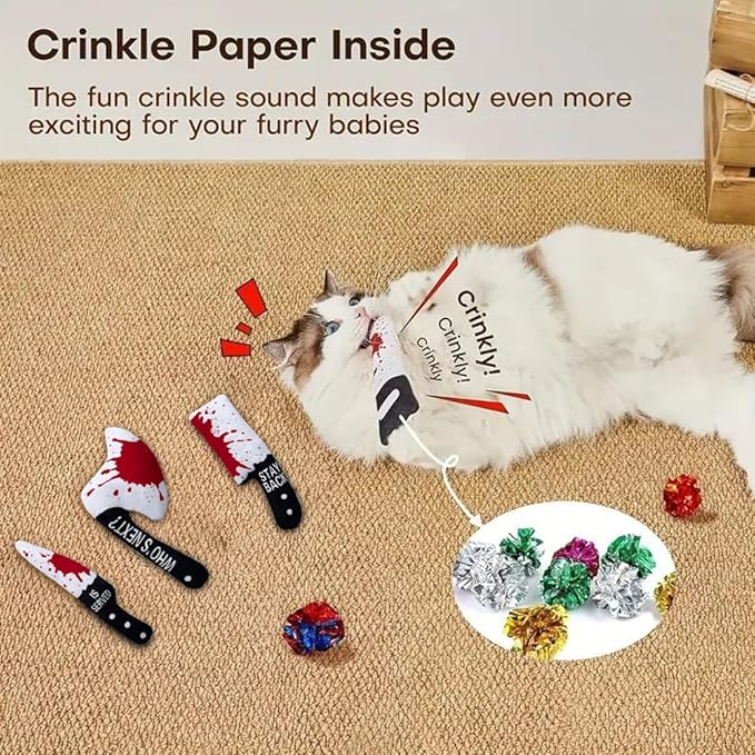 Halloween Plush Knife Toy Set for Cats and Dogs, 4-Pack Soft Plush Pet Toys with Crinkle Sound and PP Cotton Filling, Fun Interactive Pet Toys
