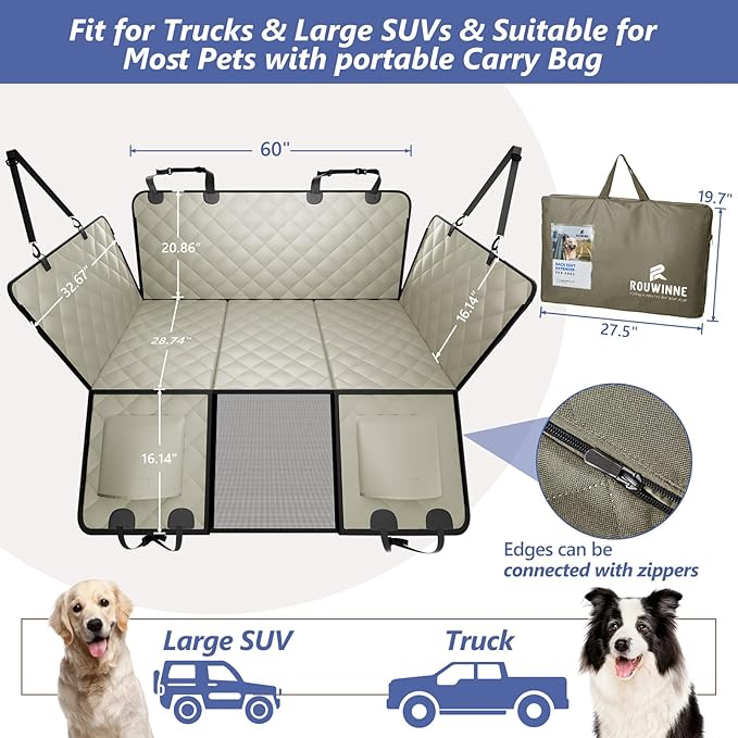 Back Seat Extender for Dogs Truck-Large Space, Hard Bottom Dog Pet Seat Cover Back Seat, Waterproof Dog Hammock for Crew Cab Trucks F150, RAM1500, Sierra, Tundra, Silverado, Khaki