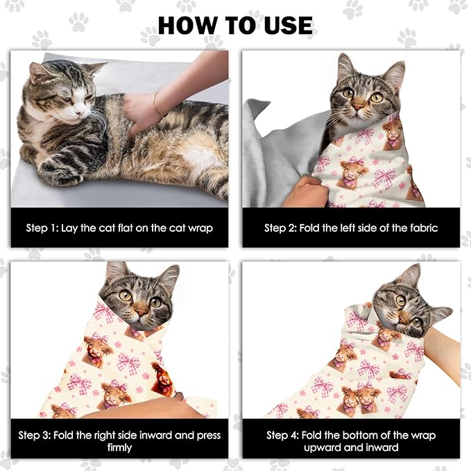 27.6"Cat Grooming Wrap, Self Adhesive Cat Wrap for Cutting Nail, Anti-Escape Calming Cat Swaddle Wrap for Medicine Ear Cleaning, Cow Anti-Scratch Cats Burrito Restraint Blanket, Pet Tool (6-10 lbs)