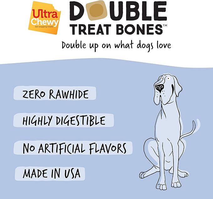 Ultra Chewy 3 Flavor Yogurt Double Treat Bones: Strawberry, Blueberry and Banana, Long-Lasting Dog Treats Made in USA for Large and Small Breeds, Highly Digestible (12 Count)