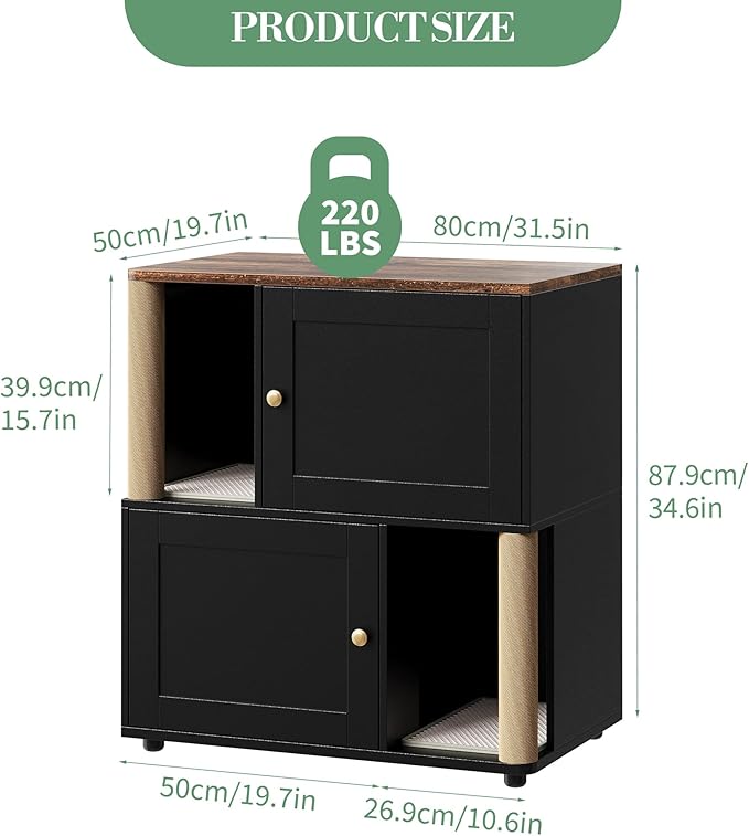 Double Cat Litter Box Enclosure for 2 Cats – 2-Layer Hidden Litter Box Furniture with Scratching Posts & Litter Mats, Space-Saving Modern Wooden Cat Washroom, End Table for Living Room, White Door