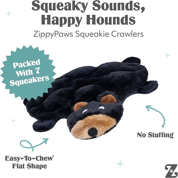 ZippyPaws Squeakie Crawler- No Stuffing Dog Toy to Keep Them Busy, for Small, Medium, & Large Dogs, Squeaky Pet Toy for Boredom, Unstuffed Chew Toy, Soft Plush Puppy Products, Bubba the Bear- 12"