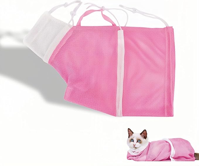 Cat Grooming Restraint Bag with Adjustable Drawstrings, Pink Mesh Bath Bag for Bathing, Nail Trimming, Ear Cleaning, Breathable Polyester with Zipper Design and Handheld Design