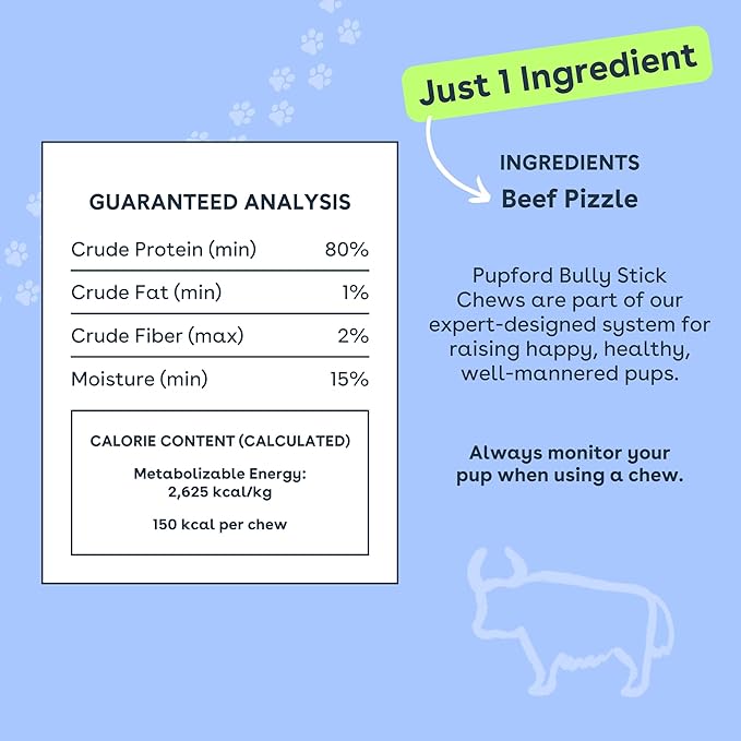 Pupford Thick Bully Sticks for Dogs & Puppies, Smoked for Improved Smell, Natural, Long-Lasting, Single Ingredient Chews for Small & Medium Breeds (6", 4 Count)