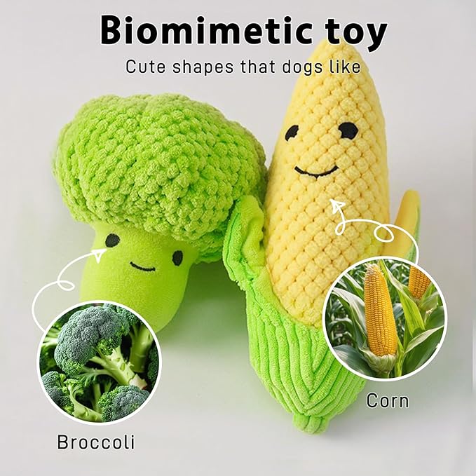 Broccoli & Corn Plush Pet Squeak Toys - Soft Plush with Squeaker, Cotton Filling, Portable Chew Toys for Small & Medium Dogs (Corn+Broccoli)