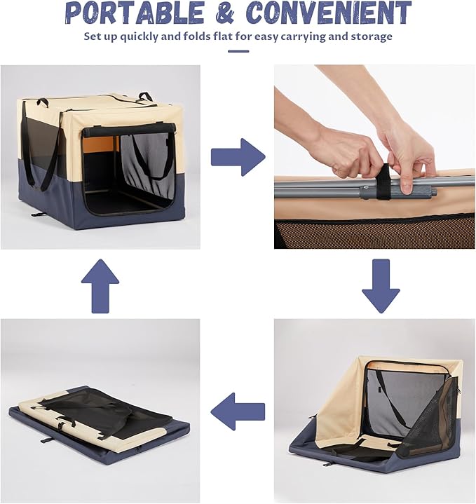 PETSFIT 30" Soft Portable Dog Crate – Patented Spiral Sturdy Frame, Collapsible Travel Kennel for Medium Dogs, 3 Mesh Door, Lockable Zippers, Indoor & Car Use Navy Blue