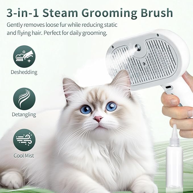 Steam Cat Brush for Shedding, 3-in-1 Self Cleaning Grooming Brush for Dogs & Cats, USB Rechargeable, Hair Removal Comb with Anti-Static Mist, for Long & Short Haired Pets, White