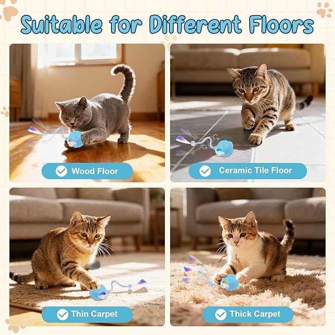 Interactive Smart Motorized Cat Toy Ball -Chirping, 2 Tails & 2 Speeds, USB Rechargeable Motion Activated Self Play Toy for Bored Indoor Cats & Kittens, Hunting Chase Teaser for Exercise & Enrichment