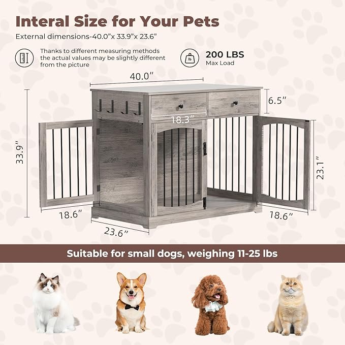 40 Inch Dog Crate Furniture, Wooden Dog Kennel Furniture, Heavy-Duty Dog Crate End Table with Storage Drawers, Double Doors Decorative Pet Cage House Indoor for Medium Large Dog, Gray