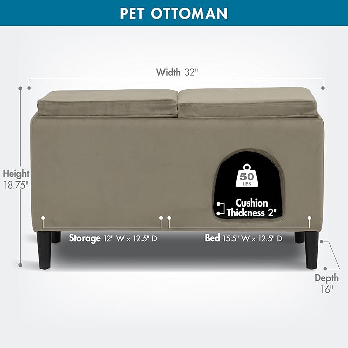 Paws & Purrs 32″ Wide Modern Dual-Purpose Ottoman & Multi-Cat Bed – Stylish 2-in-1 Footstool & Cozy Hideaway for Multiple Cats – Removable Cushioned Top, Hidden Storage, Ash