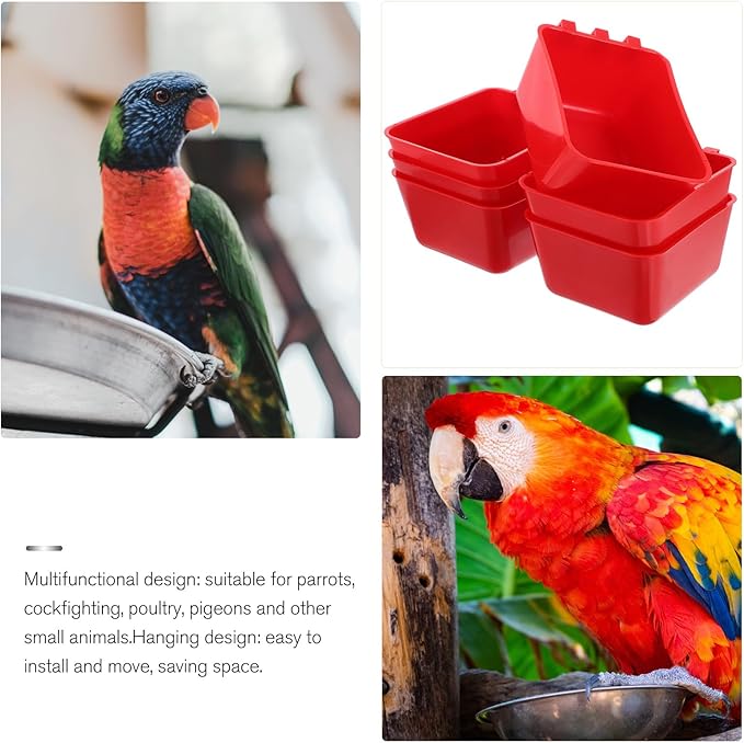 Mikikit 6pcs Hanging Bird Cage Feeder Cups Red Bird Bowls Ferret Water Feeding Bowls for Parrots Poultry Chicken Coop Cage Use