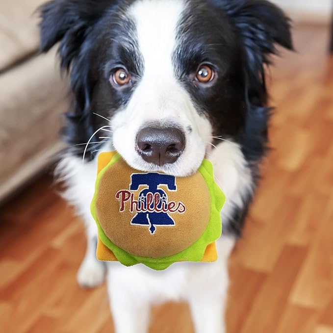 MLB Philadelphia Phillies Cheese Burger Plush Dog & CAT Squeak Toy - Cutest Stadium HAMBERGER Snack Plush Toy for Dogs & Cats with Inner Squeaker & Beautiful Baseball Team Name/Logo