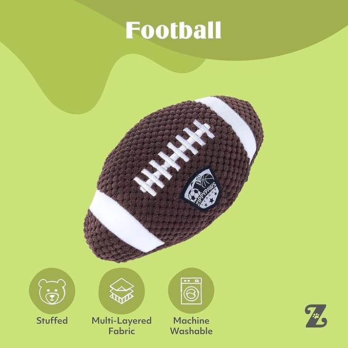 ZippyPaws SportsBallz - Dog Squeaky Toys to Keep Them Busy, Funny Plush for Small, Medium, & Large Dogs, Cute Stuffed Puppy Toy, Pet Products, Gift for All Breeds, Interactive Squeaker - Football