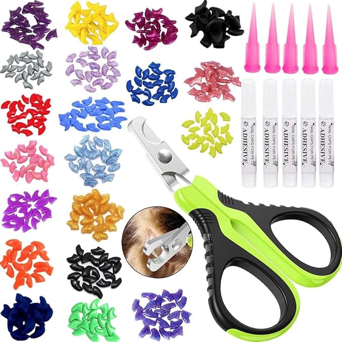 VICTHY 100pcs Cat Nail Caps with Clipper Set, Pet Cat Nail Clipper Cat Nail Covers for Cat with Adhesive and Applicators Size Large (5 Colors)